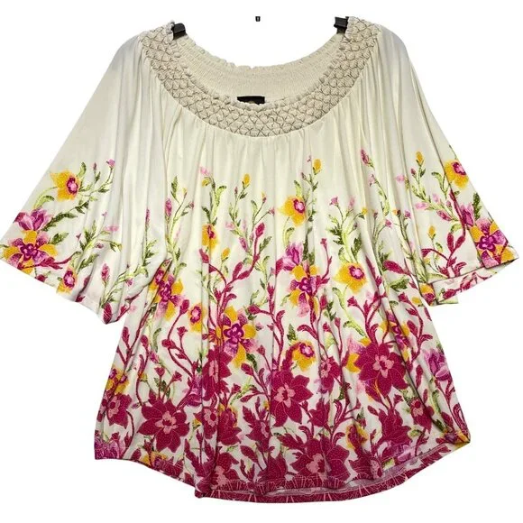 JM Collection XL Floral Boho Top Cream/Pink Short Bell Sleeves Smocked Neckline - Picture 4 of 13
